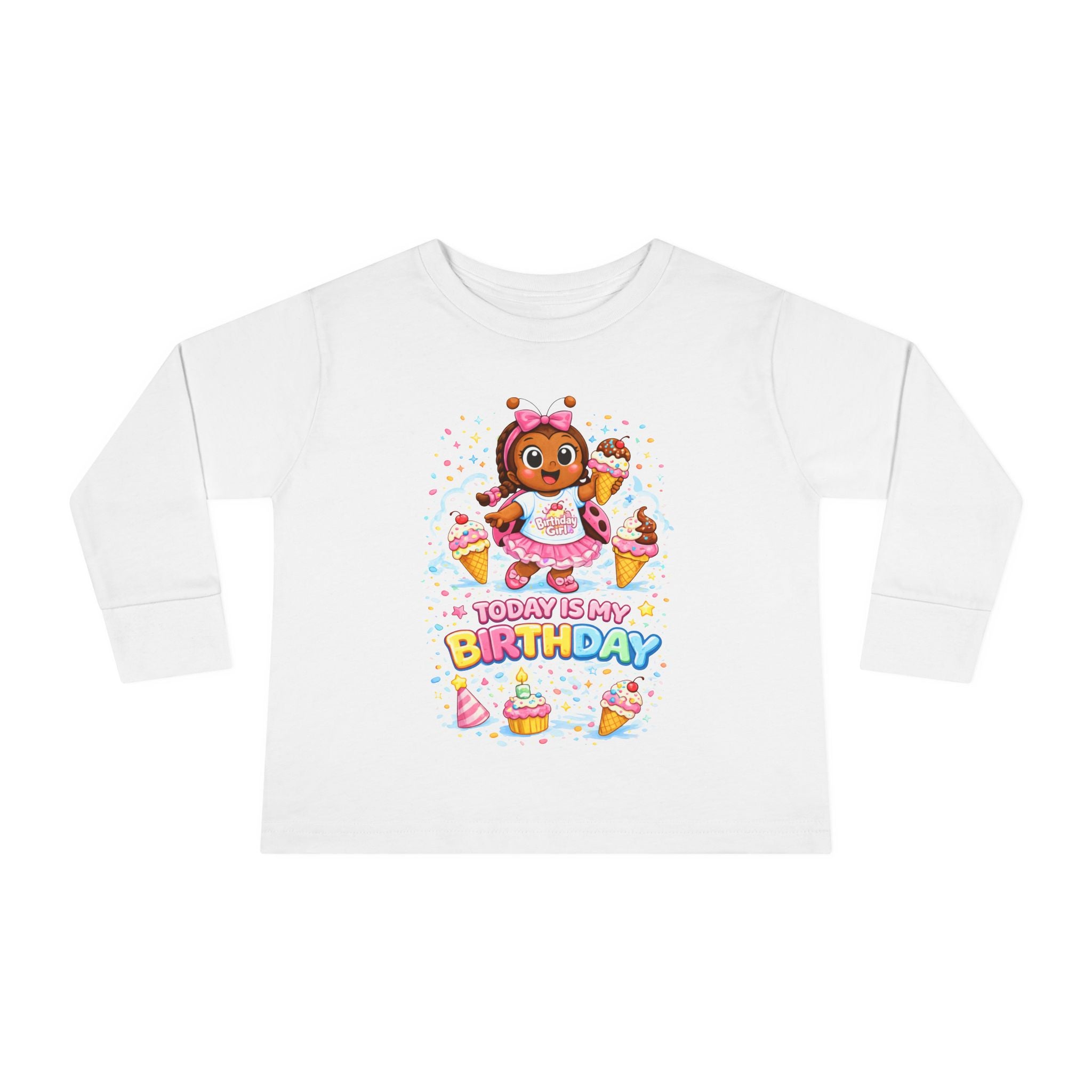 Toddler Long Sleeve Tee — "Today Is My Birthday" Cute Cupcake Party Girl T-Shirt