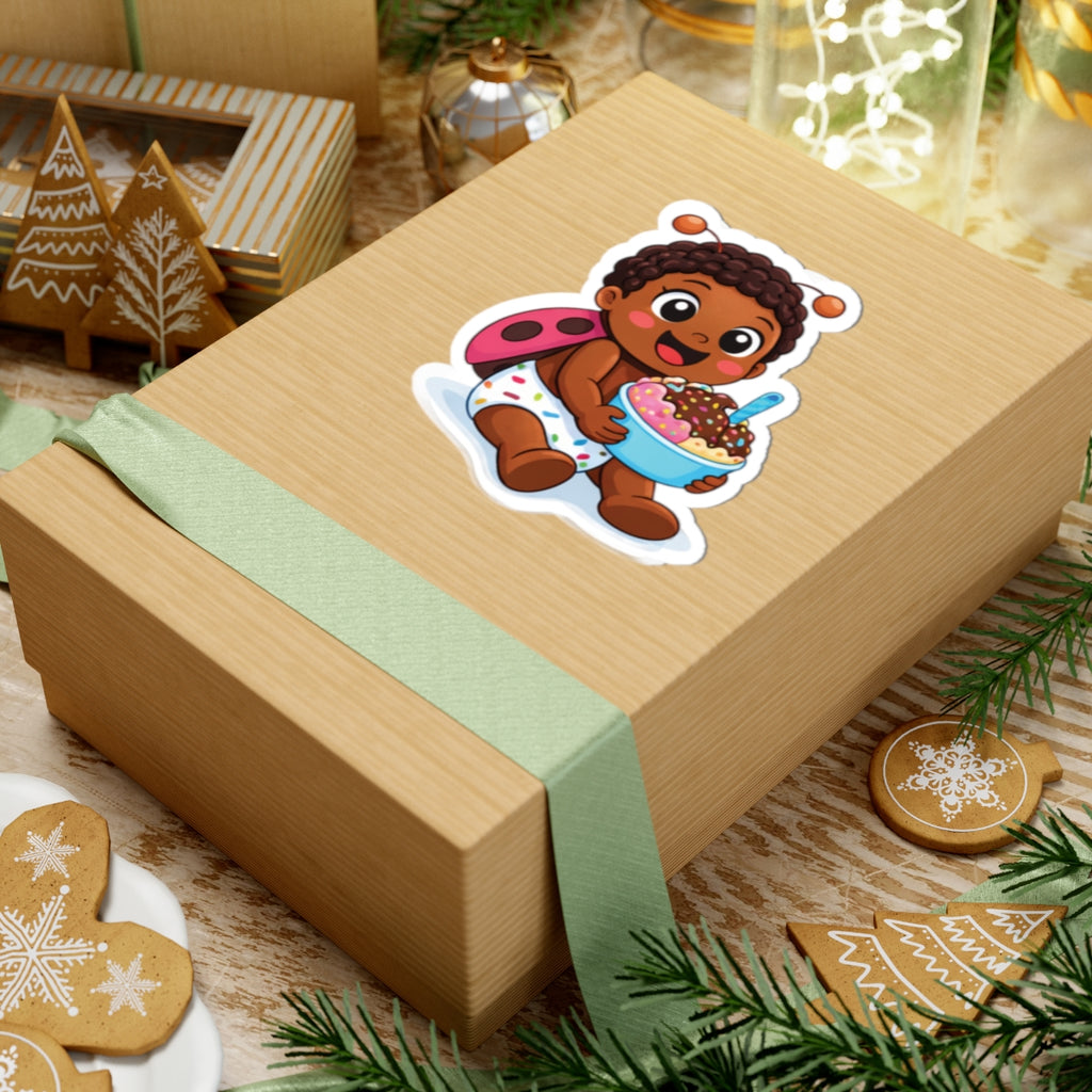 Cute Baby Ladybug Sticker — Baby Eating Ice Cream Kiss-Cut Vinyl Sticker