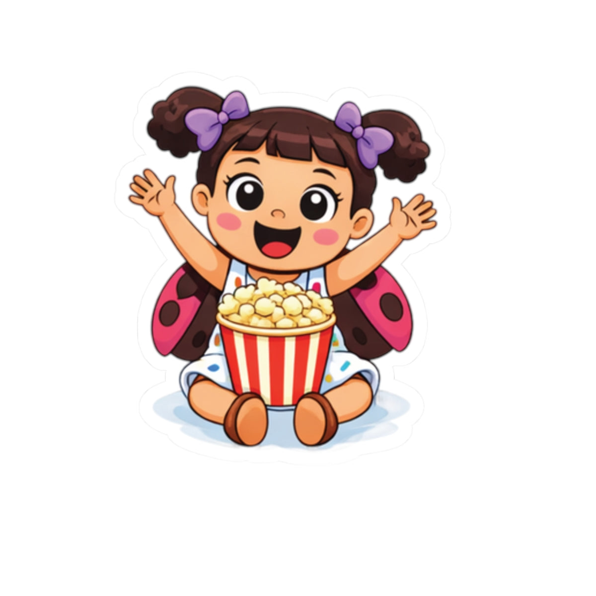 Cute Girl Ladybug Popcorn Sticker — Kawaii Kid Character Kiss-Cut Decal