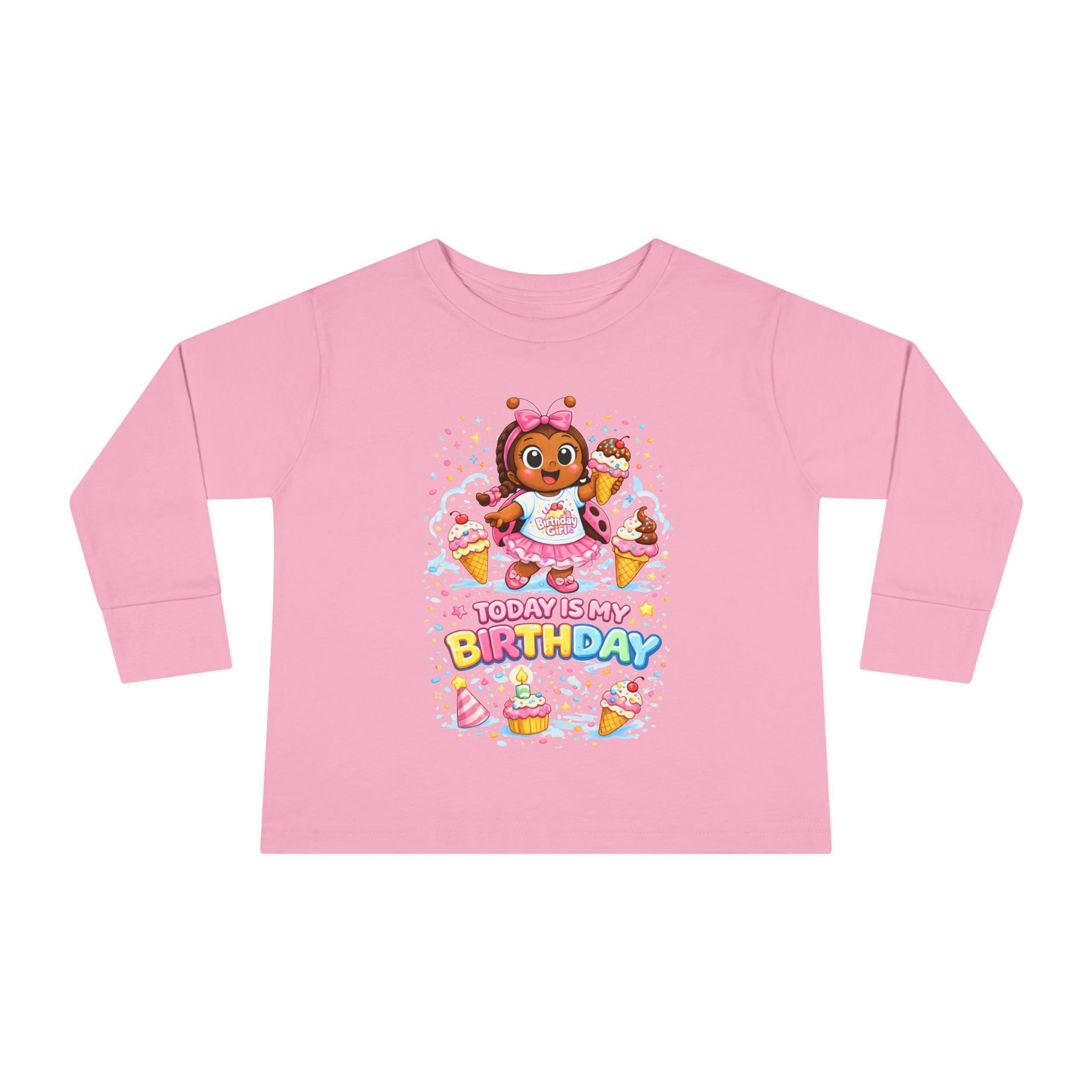 Toddler Long Sleeve Tee — "Today Is My Birthday" Cute Cupcake Party Girl T-Shirt