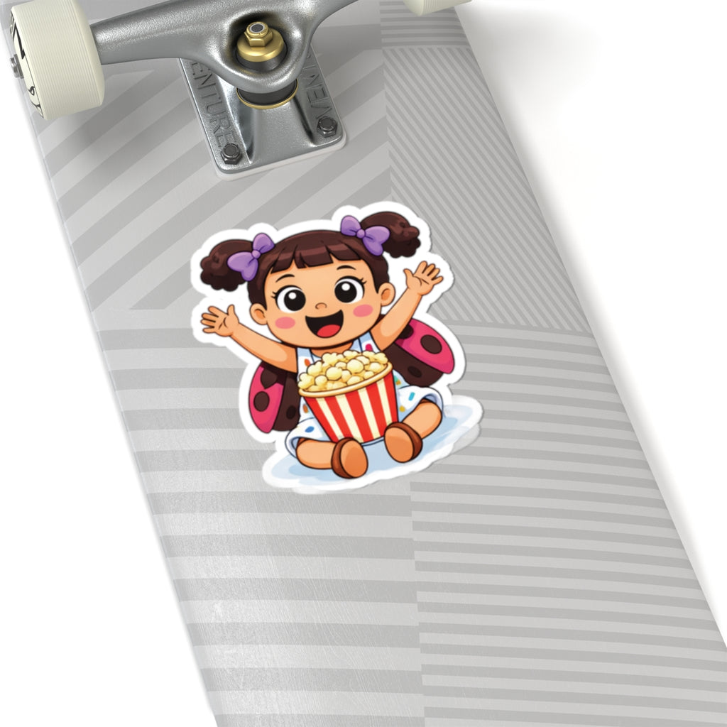 Cute Girl Ladybug Popcorn Sticker — Kawaii Kid Character Kiss-Cut Decal