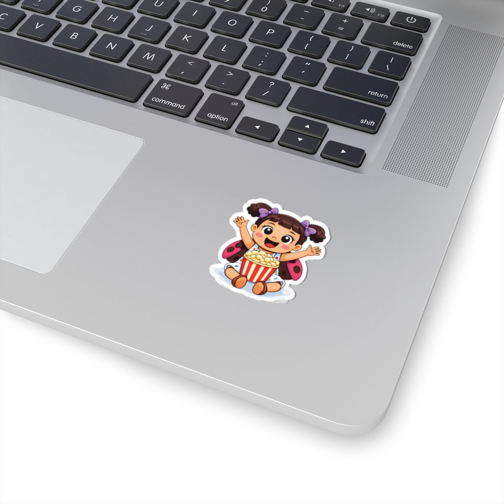 Cute Girl Ladybug Popcorn Sticker — Kawaii Kid Character Kiss-Cut Decal