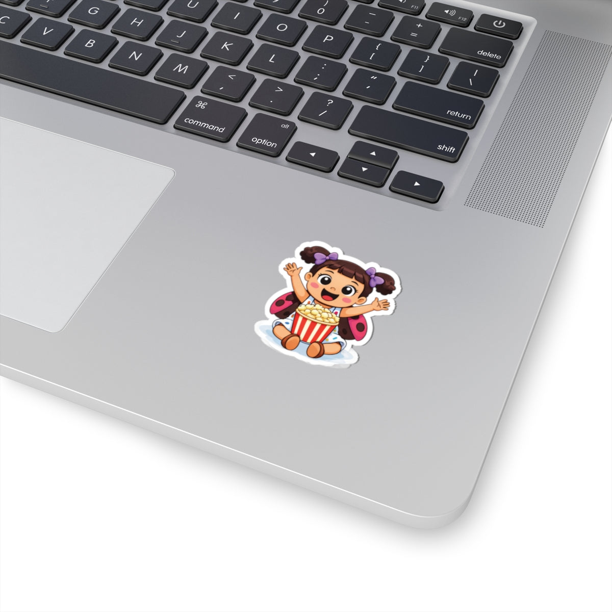 Cute Girl Ladybug Popcorn Sticker — Kawaii Kid Character Kiss-Cut Decal