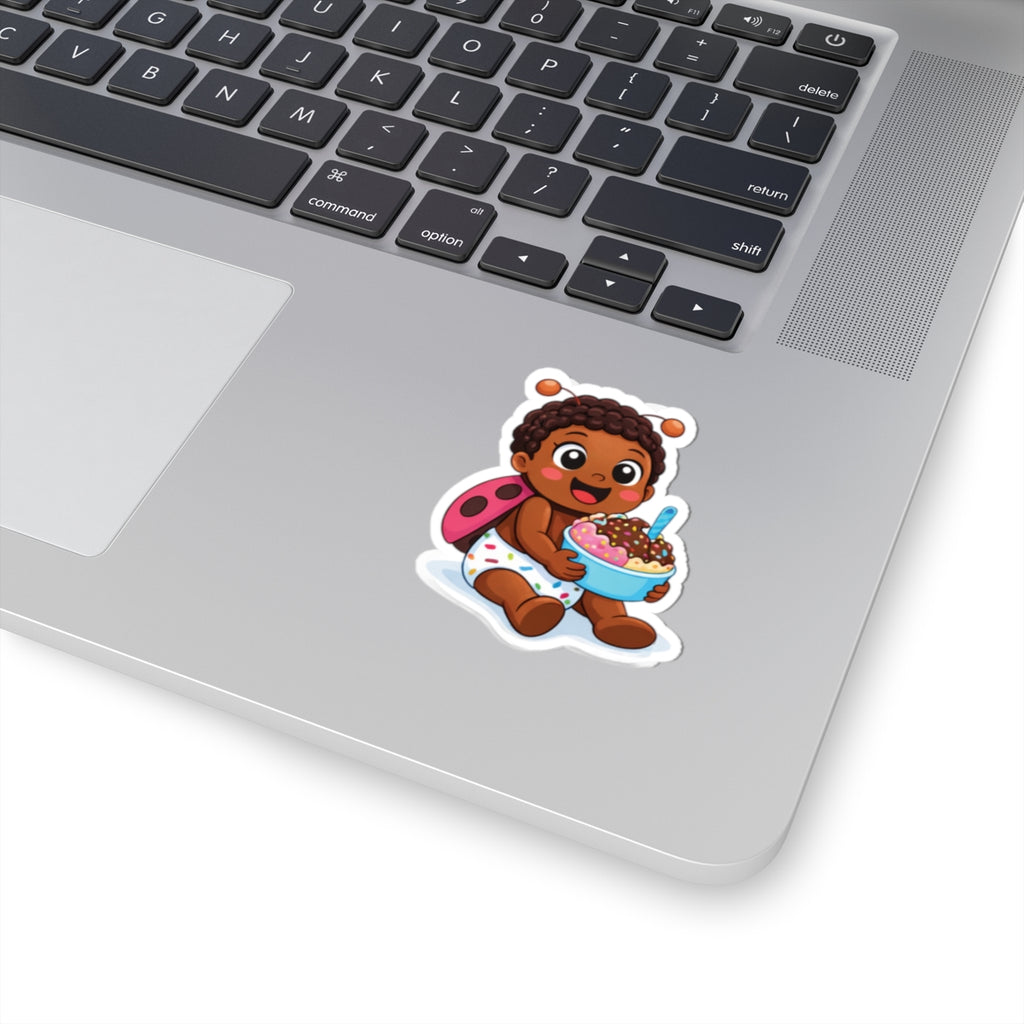Cute Baby Ladybug Sticker — Baby Eating Ice Cream Kiss-Cut Vinyl Sticker
