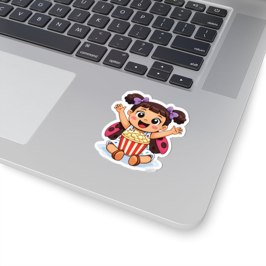 Cute Girl Ladybug Popcorn Sticker — Kawaii Kid Character Kiss-Cut Decal