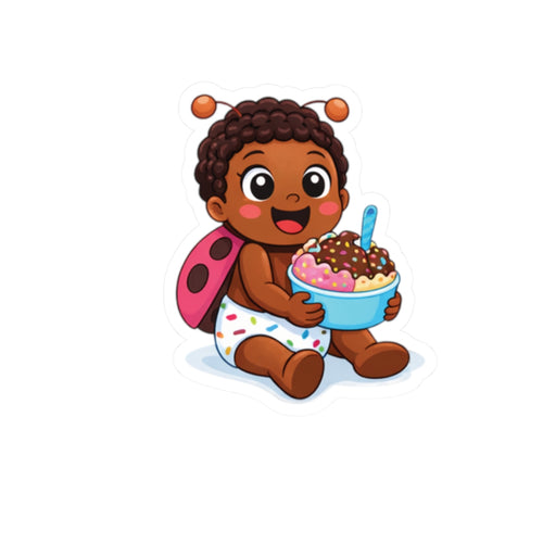 Cute Baby Ladybug Sticker — Baby Eating Ice Cream Kiss-Cut Vinyl Sticker
