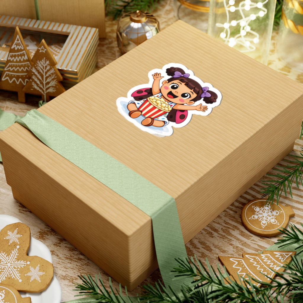 Cute Girl Ladybug Popcorn Sticker — Kawaii Kid Character Kiss-Cut Decal