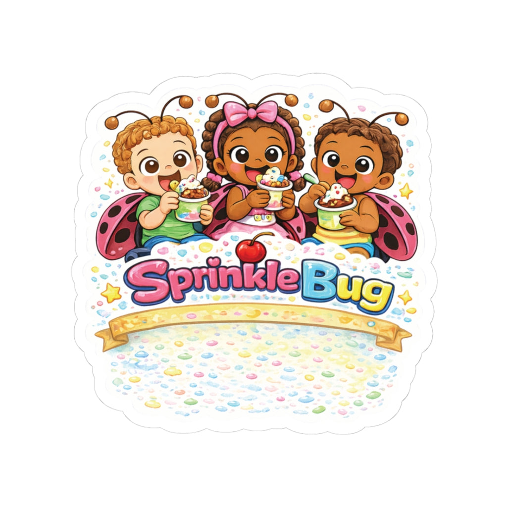 Sprinkle Bug Kids Sticker — Cute Ladybug Children Eating Ice Cream Kiss-Cut Sticker