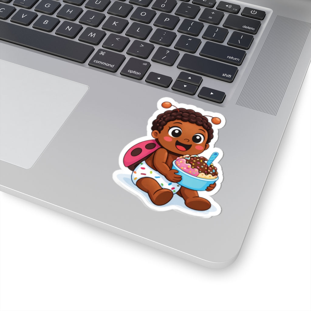 Cute Baby Ladybug Sticker — Baby Eating Ice Cream Kiss-Cut Vinyl Sticker