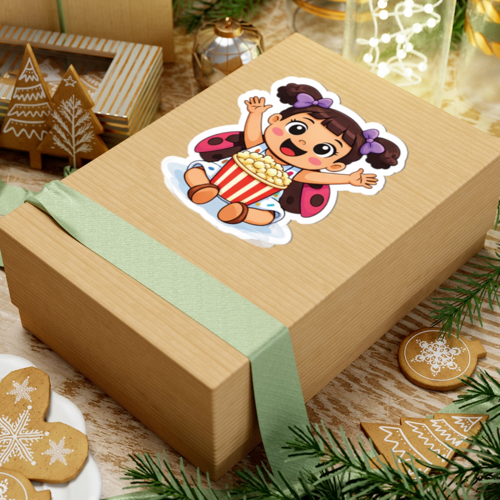 Cute Girl Ladybug Popcorn Sticker — Kawaii Kid Character Kiss-Cut Decal