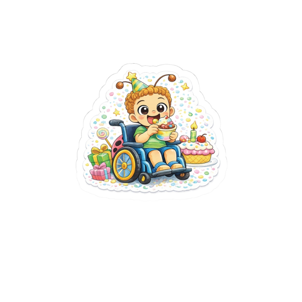 Birthday Wheelchair Kid Sticker — Cute Inclusive Birthday Celebration Kiss-Cut Sticker