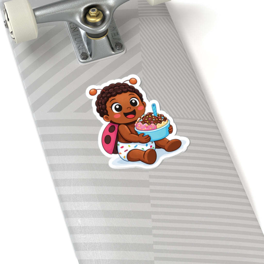 Cute Baby Ladybug Sticker — Baby Eating Ice Cream Kiss-Cut Vinyl Sticker